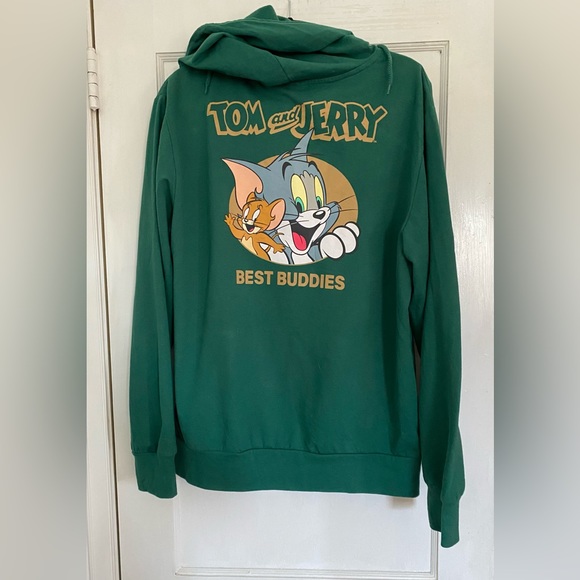 Graphic Print Tom & Jerry Pullover Hoodie Sweatshirt Pouch Pocket Green L - Picture 4 of 12